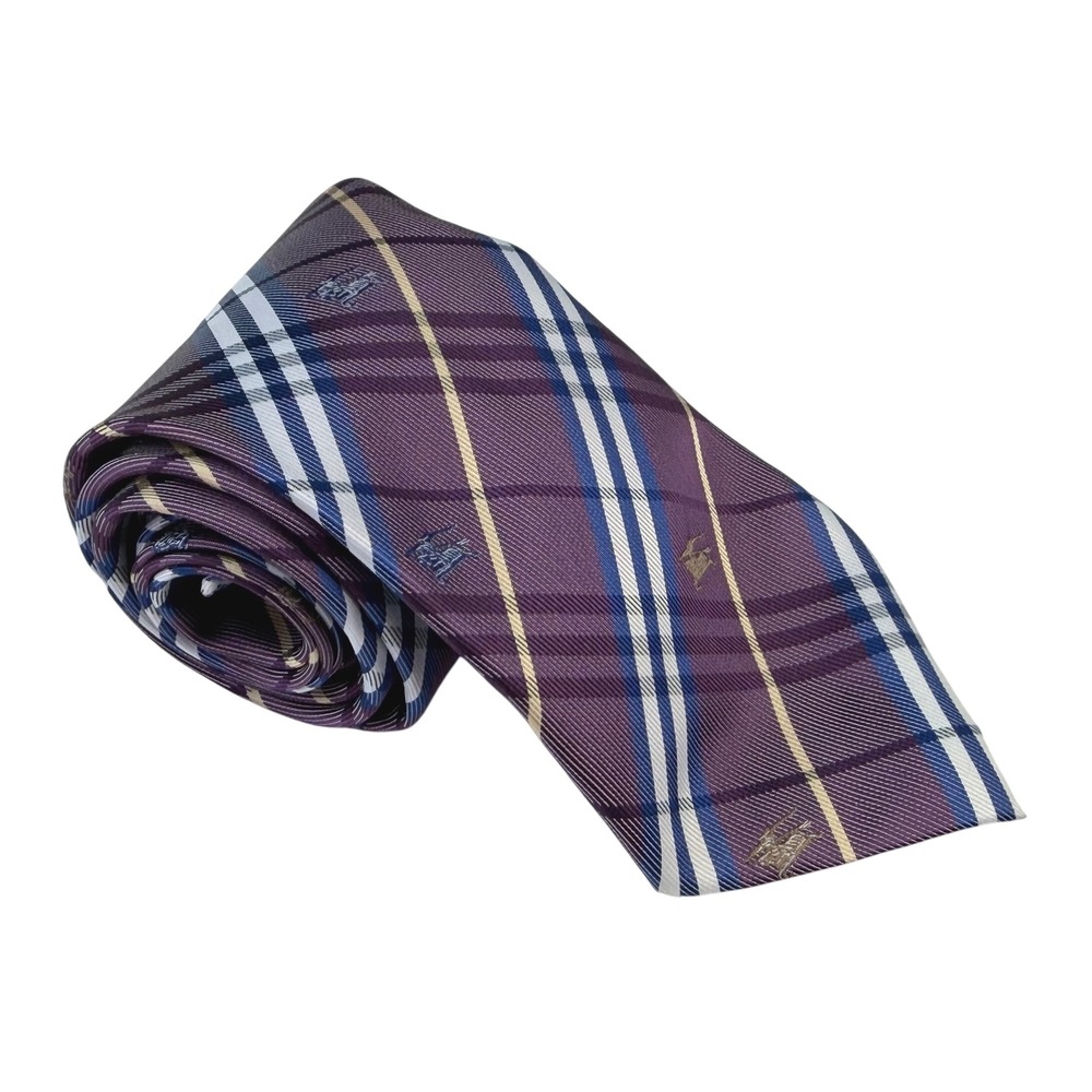Burberry Mens Purple Plaid Silk Tie Prorsum Knight Logo Hand Made